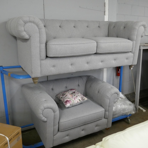 1388 - A grey weave Chesterfield three seater sofa, love seat and footstool RRP £2458