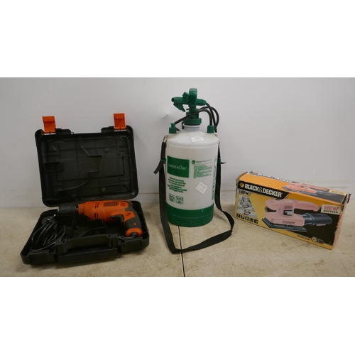 2021 - A Black and Decker KA310 240v sander, a Black and Decker BEH200 drill with drill bits and a 5 litre ... 