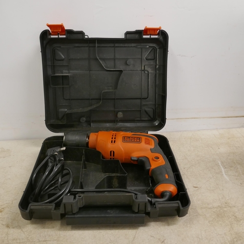 2021 - A Black and Decker KA310 240v sander, a Black and Decker BEH200 drill with drill bits and a 5 litre ... 