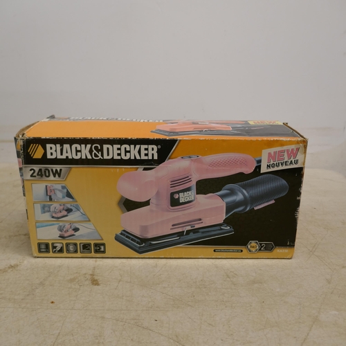 2021 - A Black and Decker KA310 240v sander, a Black and Decker BEH200 drill with drill bits and a 5 litre ... 