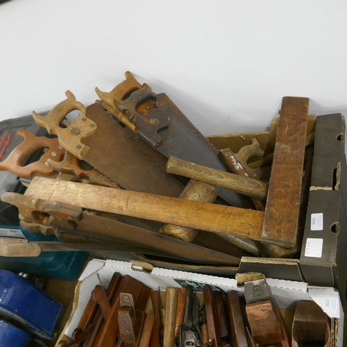 2026 - A large quantity of vintage wooden handled hand saws, wooden mallets and an oak set square and other... 