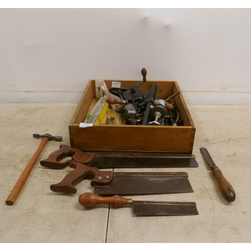 2028 - A box of assorted tools including saws, drills, locks, clamps, hammers etc.