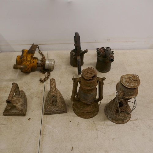 2035 - 2 hurricane lamps, 2 blow torches, a PTO driven tractor water pump and 2 vintage irons