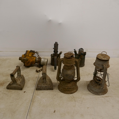 2035 - 2 hurricane lamps, 2 blow torches, a PTO driven tractor water pump and 2 vintage irons