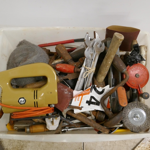 2036 - A collection of assorted hand tools and other assorted items including saws, a vintage Black and Dec... 