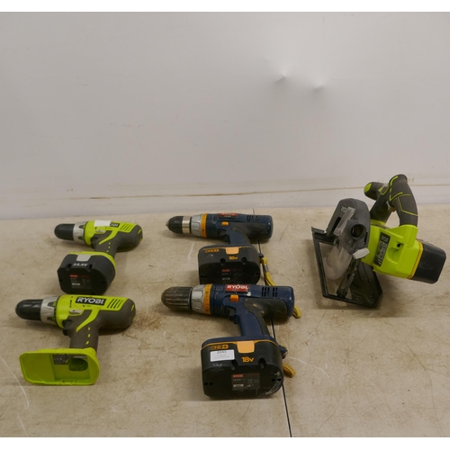 2045 - A large quantity of power tools including a Ryobi R1815P circular saw, 2 Ryobi drills (LLCDI1402 and... 