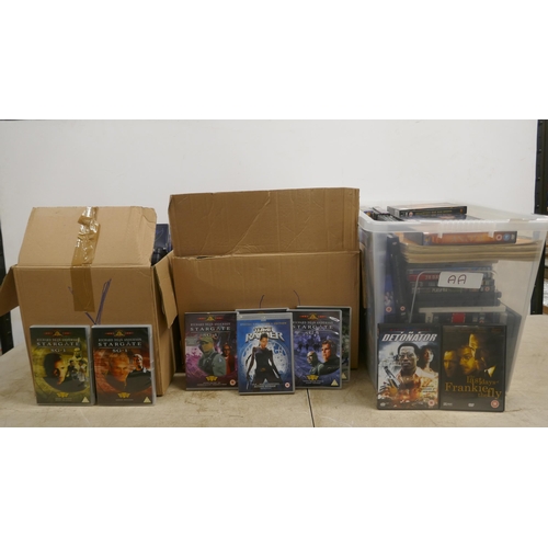 2068 - Three boxes of DVDs including Star Trek box sets, Stargate box sets, Star Wars box sets, Babylon 5 b... 