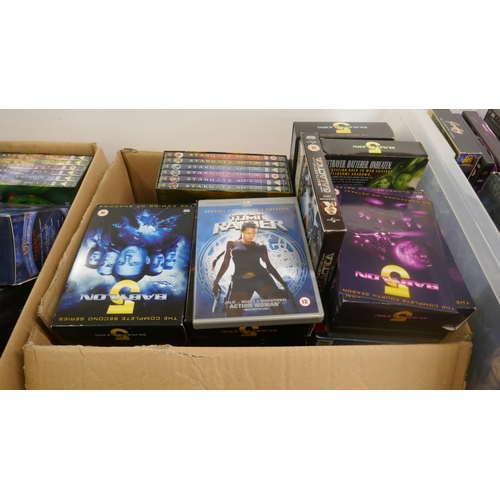 2068 - Three boxes of DVDs including Star Trek box sets, Stargate box sets, Star Wars box sets, Babylon 5 b... 