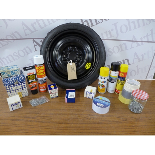 2258 - A collection of automotive items including a Toyota Yaris spare wheel with a Bridgestone T8803 T 115... 