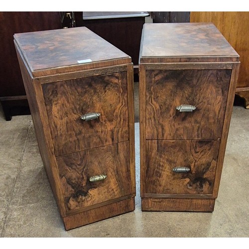 122 - A pair of Art Deco figured walnut bedside chests