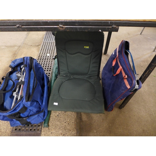 2240 - A selection of fishing gear, seat, chair, net and umbrella