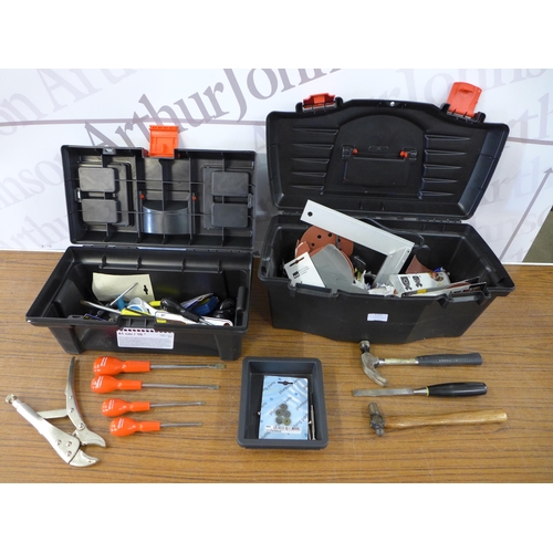 2252 - 2 tool boxes including an assortment of hand tools including hammers, a chisel, a set square, screwd... 