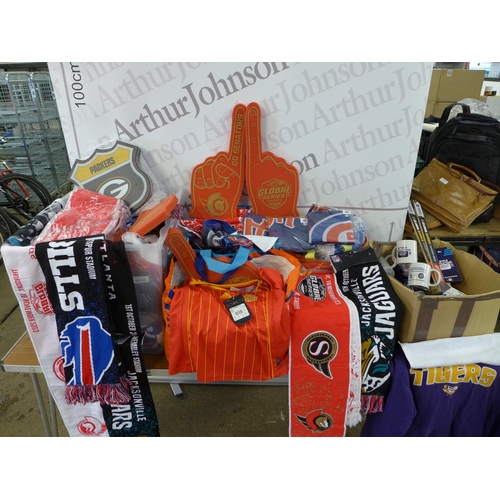 2255 - A large quantity of sports memorabilia, including scarves, cards, hats, shirts, mugs, magnets, foam ... 