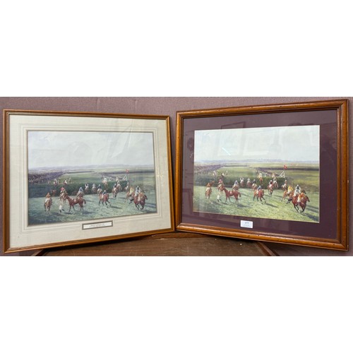 291 - Two horse racing prints and a hunting scene print, framed