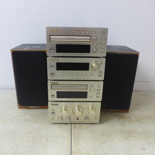 2104 - A quantity of stereo equipment including a Teac R-H300 cassette deck, a Teac T-H300 AM/FM tuner, a T... 