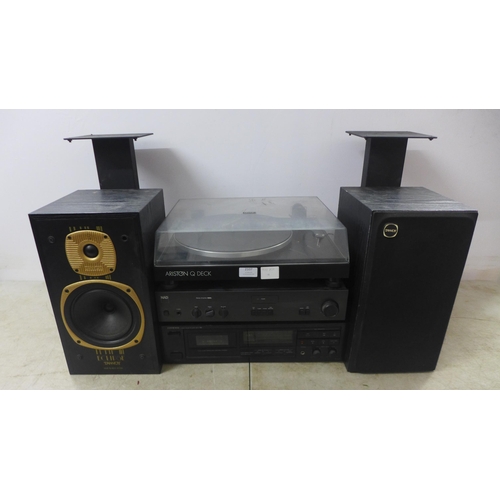 2107 - A quantity of stereo equipment including a Ariston Q deck turntable, a NAD 3020e stereo amp, an Onky... 