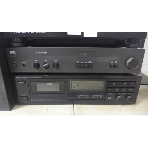 2107 - A quantity of stereo equipment including a Ariston Q deck turntable, a NAD 3020e stereo amp, an Onky... 