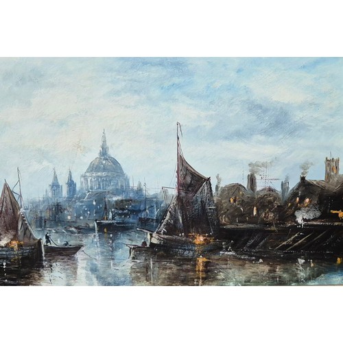 254 - English School, pair of London scenes, views from the Thames, oil on board, framed