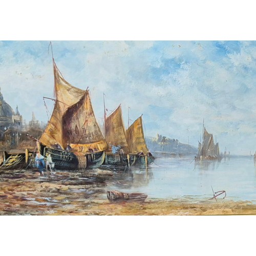 254 - English School, pair of London scenes, views from the Thames, oil on board, framed