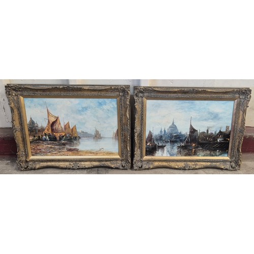 254 - English School, pair of London scenes, views from the Thames, oil on board, framed