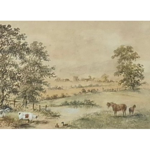 260 - C. White, rural landscape with horses and cow in a field, watercolour, framed