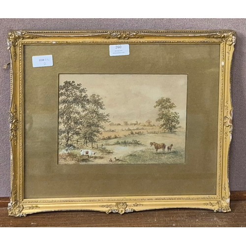 260 - C. White, rural landscape with horses and cow in a field, watercolour, framed