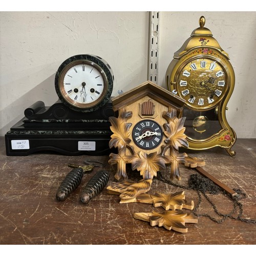 305 - A 19th Century Belge noir mantel clock, a cuckoo clock and one other