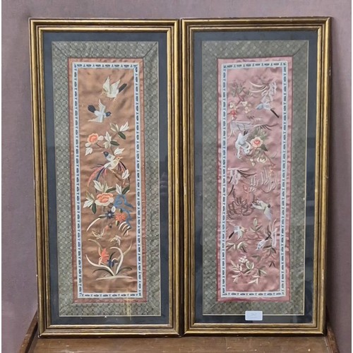 267 - A pair of Chinese silkwork embroideries, depicting birds, framed