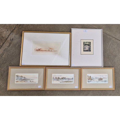 268 - Two etchings and three prints, framed