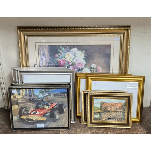 270 - Assorted motor racing prints, Jack Vettriano prints, framed etc.