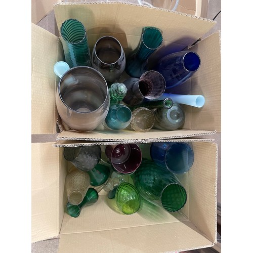 250 - Two boxes of mainly tall coloured glass vases