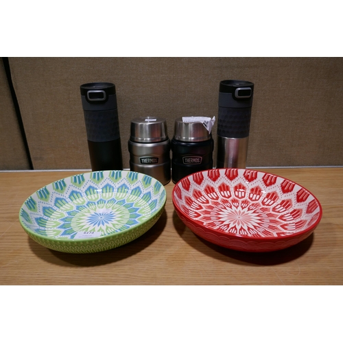 6173 - Two Kambukka Travel Mugs, Two Thermo Food Flasks and Two Stoneware Bowls (332-136) *This lot is subj... 