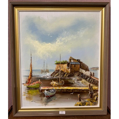 289 - Luini, coastal harbour landscape, oil on board, framed