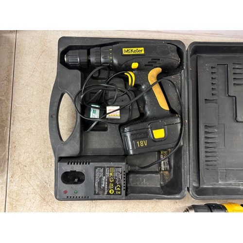 2008 - 4 assorted power tools including a McKeller MCKM10 18v cordless drill in case with battery and charg... 