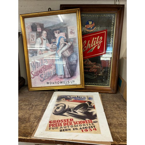 319 - A Schlitz advertising mirror and two advertising prints