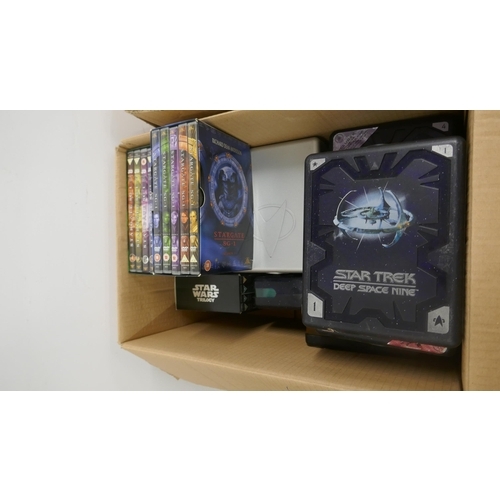 2068 - Three boxes of DVDs including Star Trek box sets, Stargate box sets, Star Wars box sets, Babylon 5 b... 