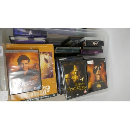 2068 - Three boxes of DVDs including Star Trek box sets, Stargate box sets, Star Wars box sets, Babylon 5 b... 