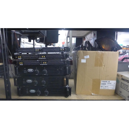 2082 - A quantity of stereo and lighting equipment including three Pro-sound equalizer 215 duel channel equ... 