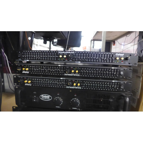 2082 - A quantity of stereo and lighting equipment including three Pro-sound equalizer 215 duel channel equ... 