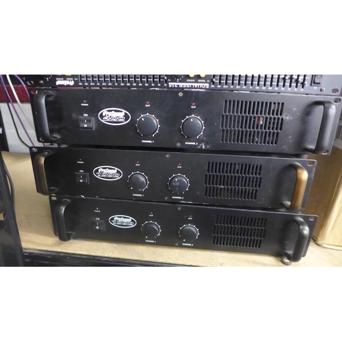 2082 - A quantity of stereo and lighting equipment including three Pro-sound equalizer 215 duel channel equ... 