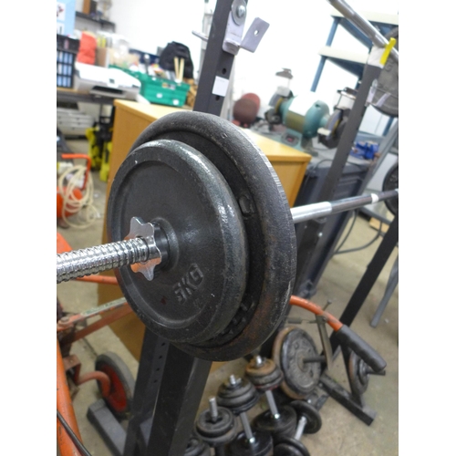 2202 - A large quantity of weight lifting equipment including 6 dumbbells, 2 plates, bar bell, etc.