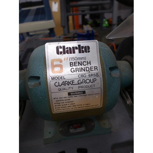 2217 - A plastic two door heavy duty tool trolley with attached Clarke metalworker model CBG-6RSB heavy dut... 