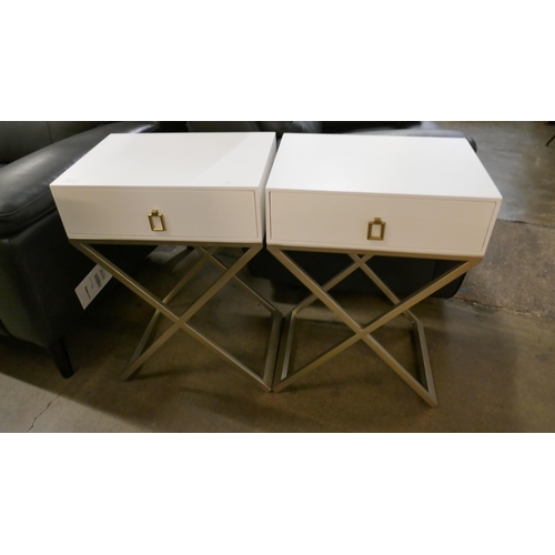 1366 - A pair of white bedside tables with silver crossed legs