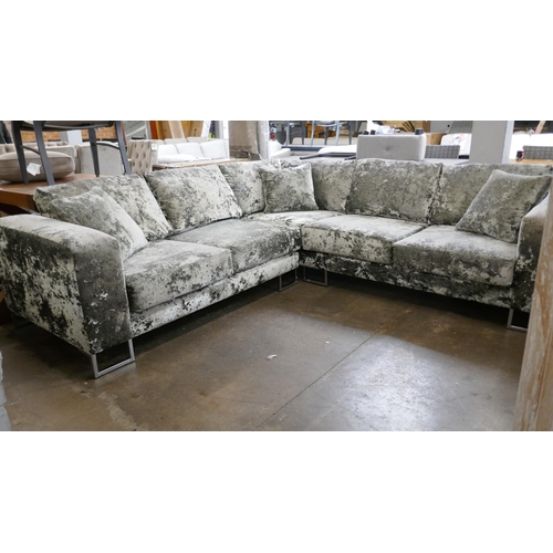 1417 - A silver crushed velvet corner sofa