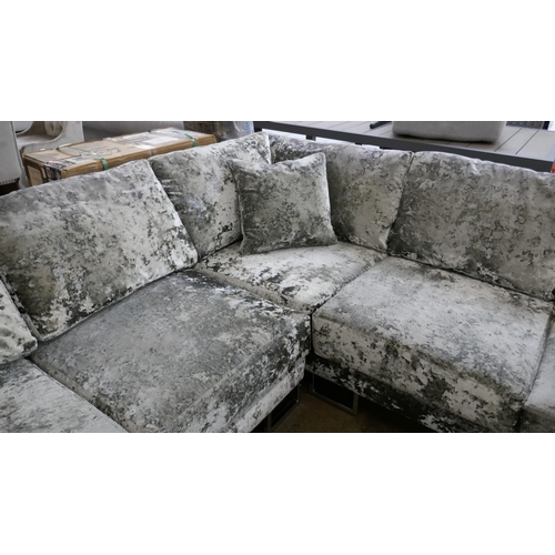 1417 - A silver crushed velvet corner sofa