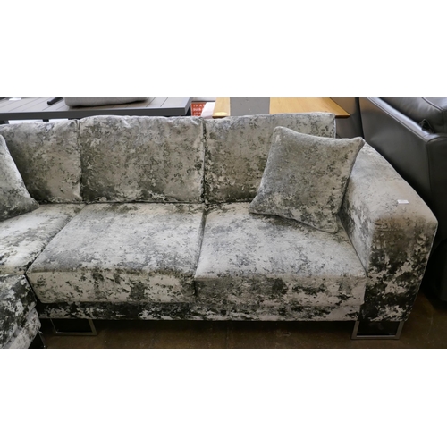 1417 - A silver crushed velvet corner sofa