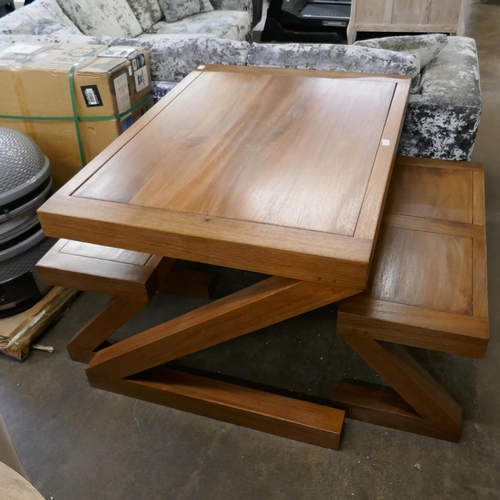 1420 - A hardwood Z dining table and two benches