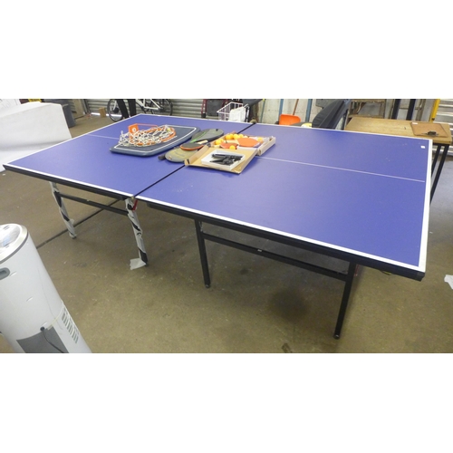 2155 - A full size table tennis table complete with bats, balls, net ect + other sports rackets and a baske... 