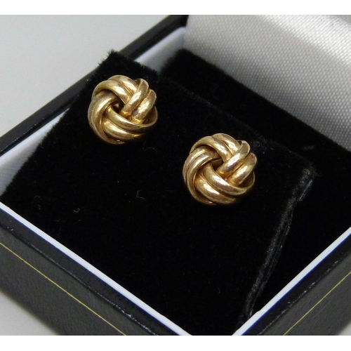 1000 - A pair of 9ct gold knot earrings with butterflies, boxed, 0.5g