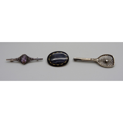 1001 - A white metal tennis brooch and two silver brooches including a Norwegian example by Marius Hammer